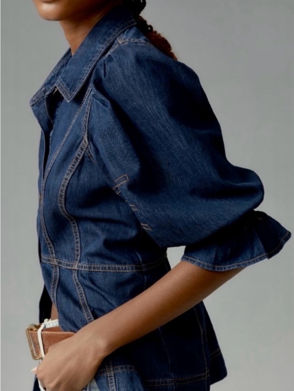Anthropologie Puff Sleeve Denim Button-Down Shirt - Picture 3 of 6